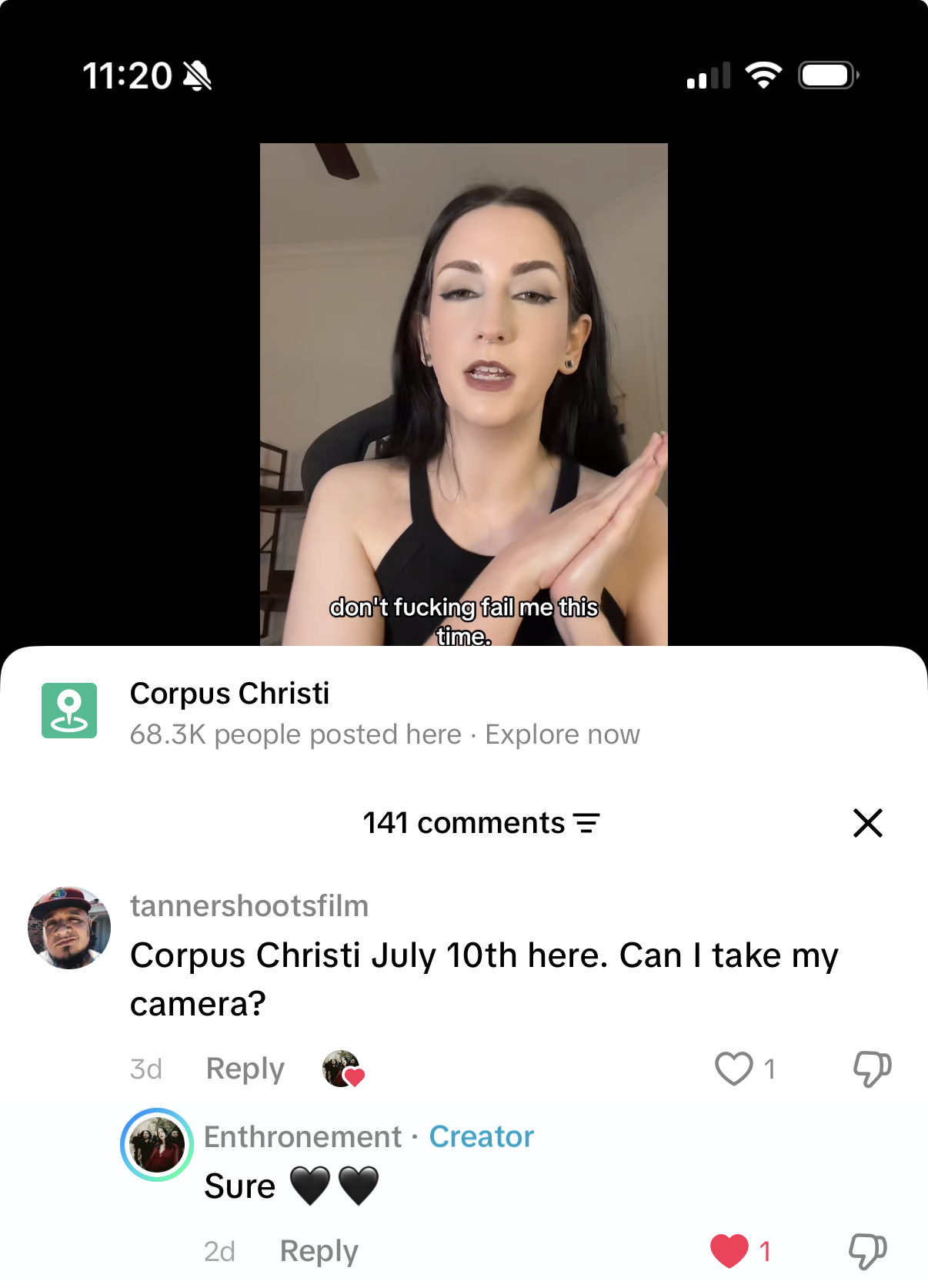 Screenshot of a TikTok comment: Tanner asks Enthronement if he can bring his camera to the Corpus show, and the band replies Sure with two black hearts.